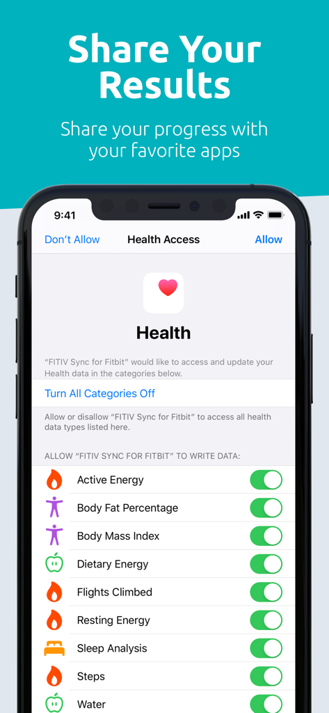 FITIV Sync for Fitbit Activity - Interface a mostrar categorias de dados de saúde para sincronizar entre o Fitbit e o Apple Health