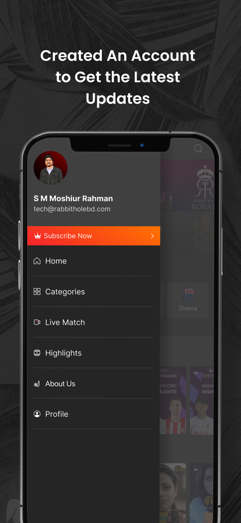 Rabbithole - LIVE & VOD - 사용자 계정 세부 정보 및 탐색 옵션이 있는 Rabbithole 앱 사이드바 메뉴를 보여주는 스마트폰 화면