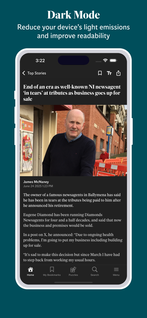 Belfast Telegraph News app displaying a local news article in dark mode for enhanced readability