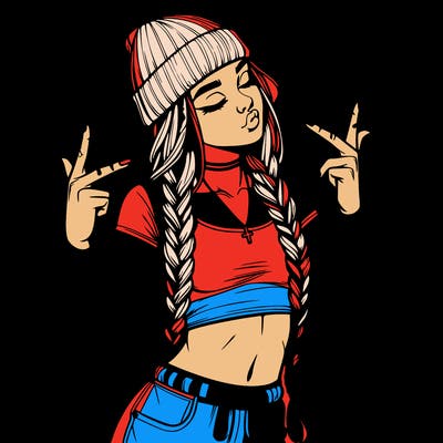 realistic teenage girl with braids and a beanie and crop top doing 🫶🏼