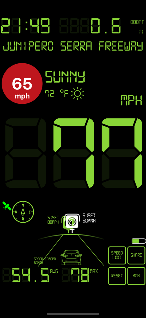 Digital speedometer dashboard with speed limit and weather information