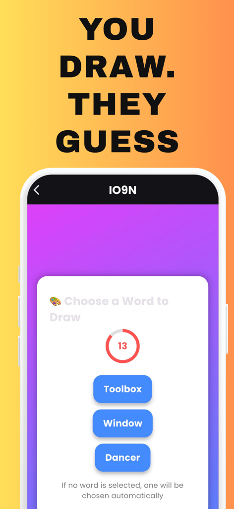 Mobile app interface for the Draw War party game showing word selection options for toolbox window and dancer with a countdown timer