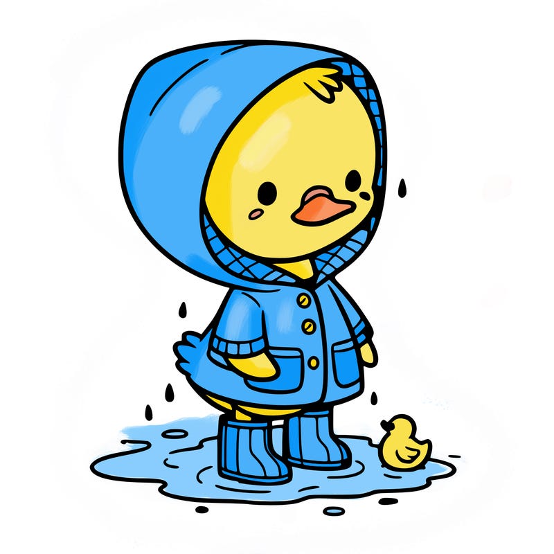 baby duck in a rain coat and boots, in a puddle while it’s raining