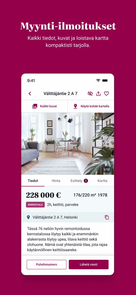 Etuovi.com - Etuovi real estate app screen showing a detailed property listing for an apartment in Helsinki
