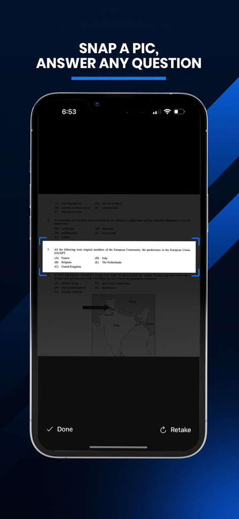 QuizMate mobile app interface showing the snap a pic feature to answer a homework question instantly using AI