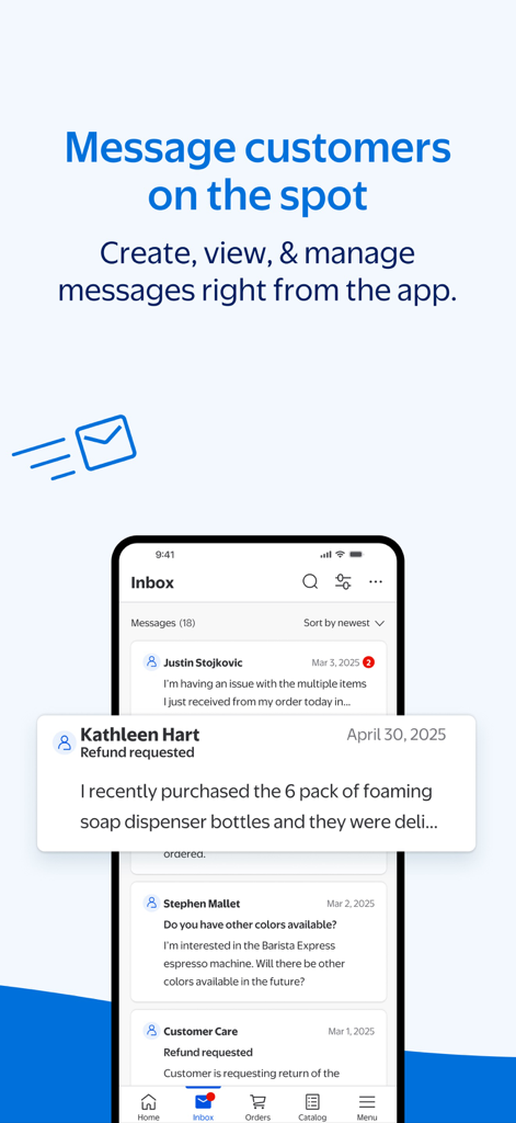 Walmart Seller app inbox screen showing customer messages and refund requests