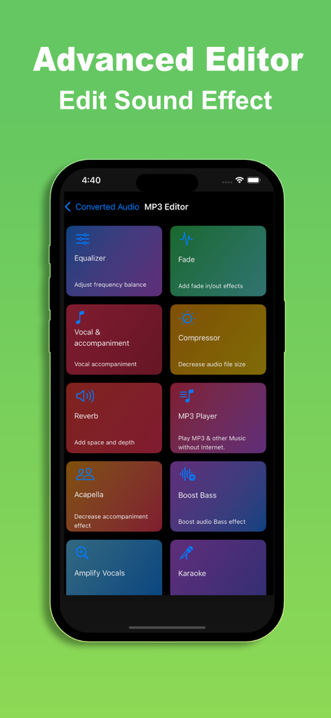 Any MP3 Converter Pro - Any MP3 Converter Pro app interface showing advanced audio editing tools like equalizer bass boost and reverb
