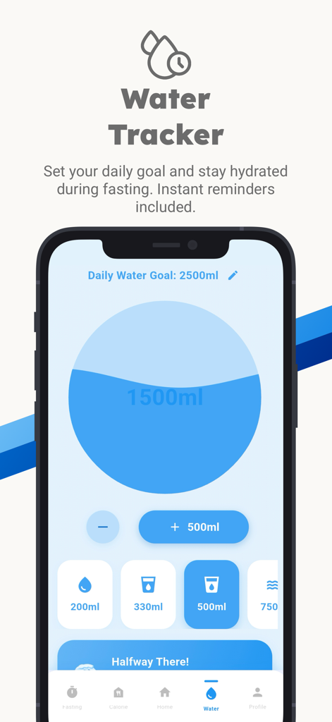 FastUp: Ai Calorie Tracker - FastUp app water tracker screen showing daily hydration progress and goal setting