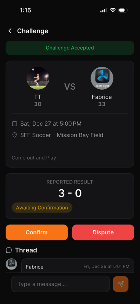 KITZ - Social - A screen in the KITZ social app showing a reported soccer match score of 3-0 awaiting confirmation between two players