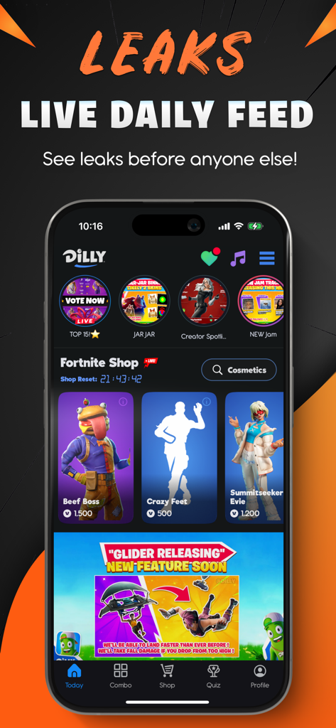 Dilly for Fortnite app interface displaying the live daily feed of leaks and the latest item shop skins