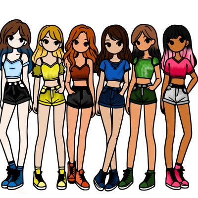 a group of girls wearing crop tops and shorts