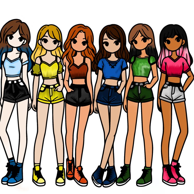 a group of girls wearing crop tops and shorts
