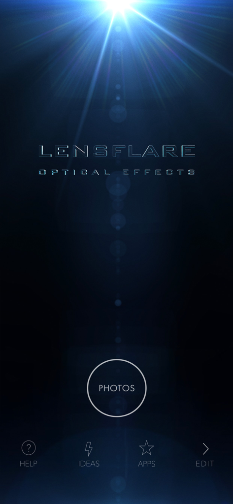 The home screen of the LensFlare Optical Effects app showing a blue cinematic flare and a central Photos button.