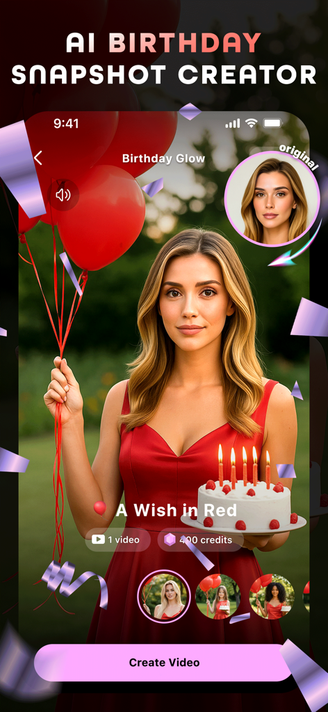 AI Maker: Photo Art Generator - Una interfaz de aplicación móvil que muestra un retrato de cumpleaños generado por IA de una mujer con un vestido rojo sosteniendo un pastel con globos.