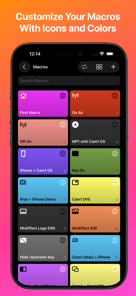 MixEffect mobile app showing a customizable grid of macro buttons with distinct colors and icons