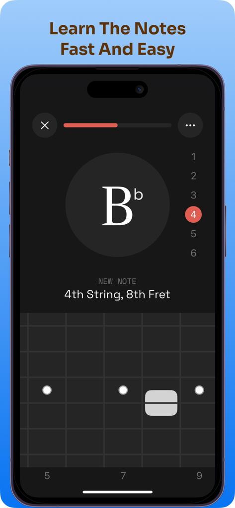 Fret Pro Guitar Notes Trainer - Fret Pro app interface showing a guitar fretboard diagram for learning the Bb note on the 4th string