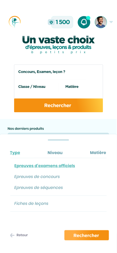 Assiste Moi - Search screen for exams and lessons in the Assiste Moi app