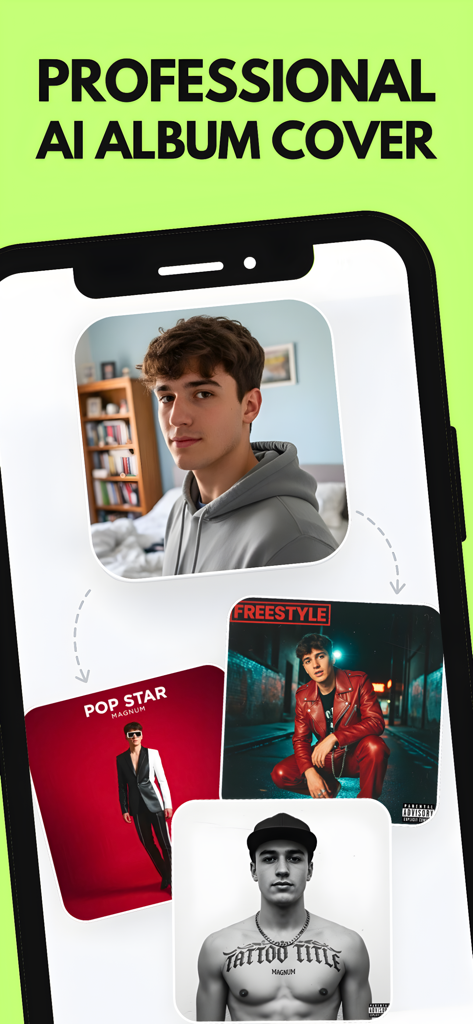 Interface do aplicativo móvel mostrando uma selfie de um jovem sendo transformada por IA em três estilos diferentes de capa de álbum profissional