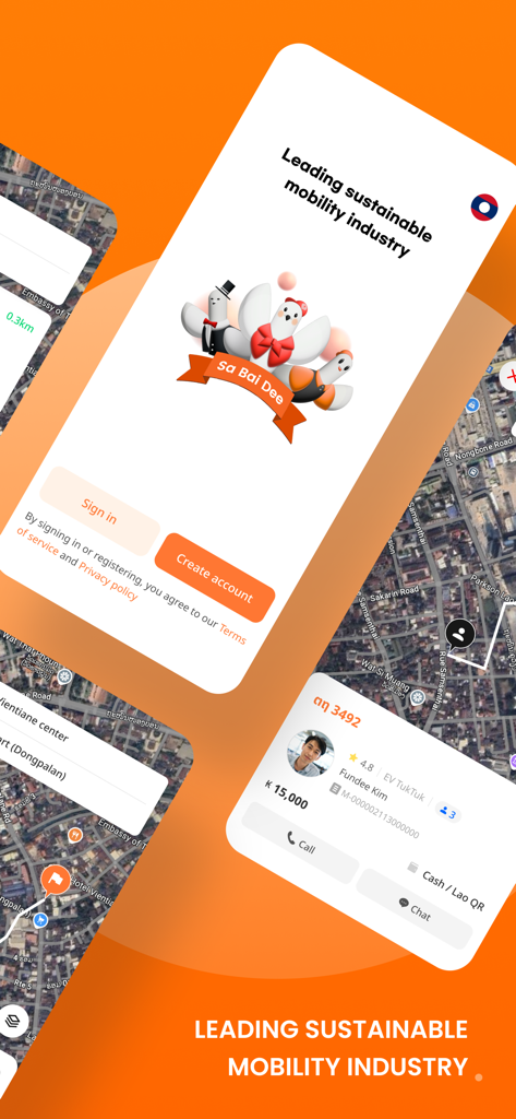 KOKKOK Move app interface showing the login screen and a driver profile for an EV TukTuk in Laos