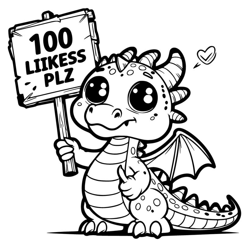 dragon holding a sign that says 100 likes plz