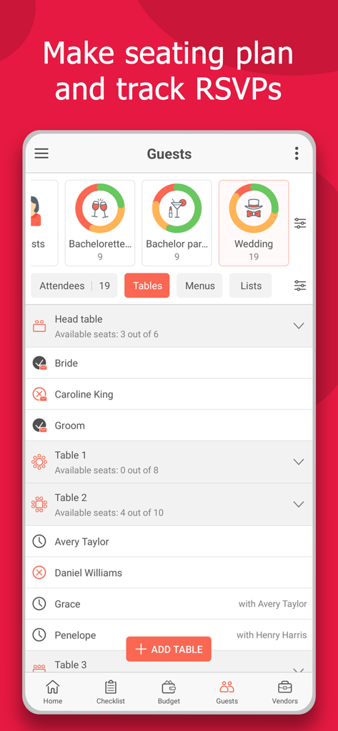 Interface of the MyWed wedding planner app showing seating plan management and guest RSVPs