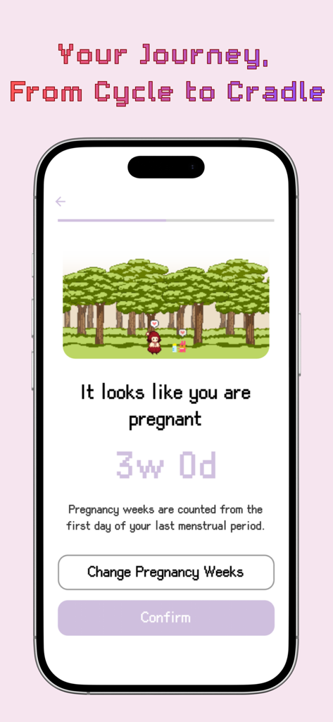 A screenshot of the Period Tracker P Forest app showing the pregnancy mode setup screen with pixel art forest graphics and a soft purple aesthetic.