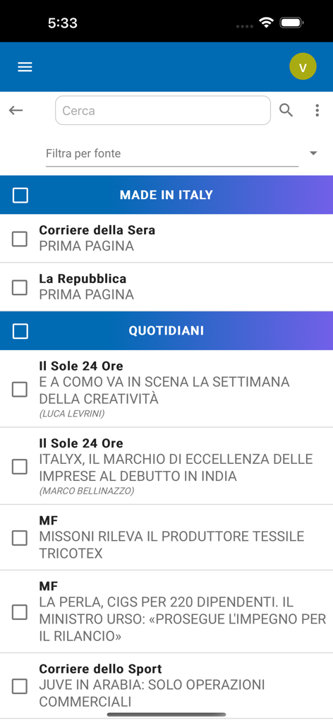 MyVP - MyVP app interface displaying a searchable list of news articles and newspapers for media monitoring