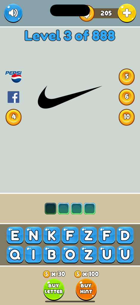 Ein Mobile-Spielbildschirm von Logo Quiz 2025, der den Nike-Swoosh auf Level 3 mit einem Gitter aus Buchstaben zeigt, damit der Benutzer den Markennamen erraten kann.