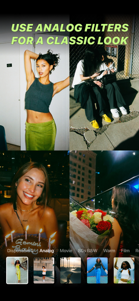 Mobile app interface showing analog filters applied to lifestyle photos for a classic look