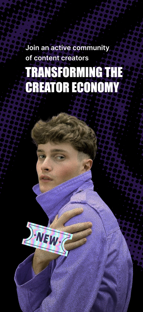 Um jovem criador de conteúdo em destaque em uma tela promocional para o aplicativo MIS sobre ingressar em uma comunidade ativa e transformar a economia criadora.