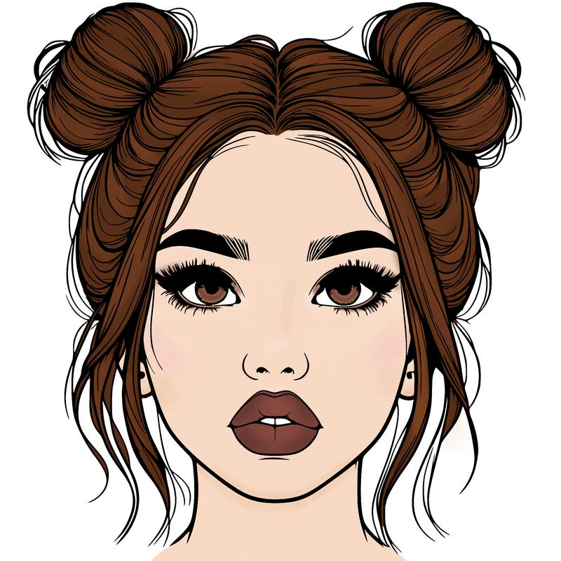 realistic girl with two buns on her hair and lips