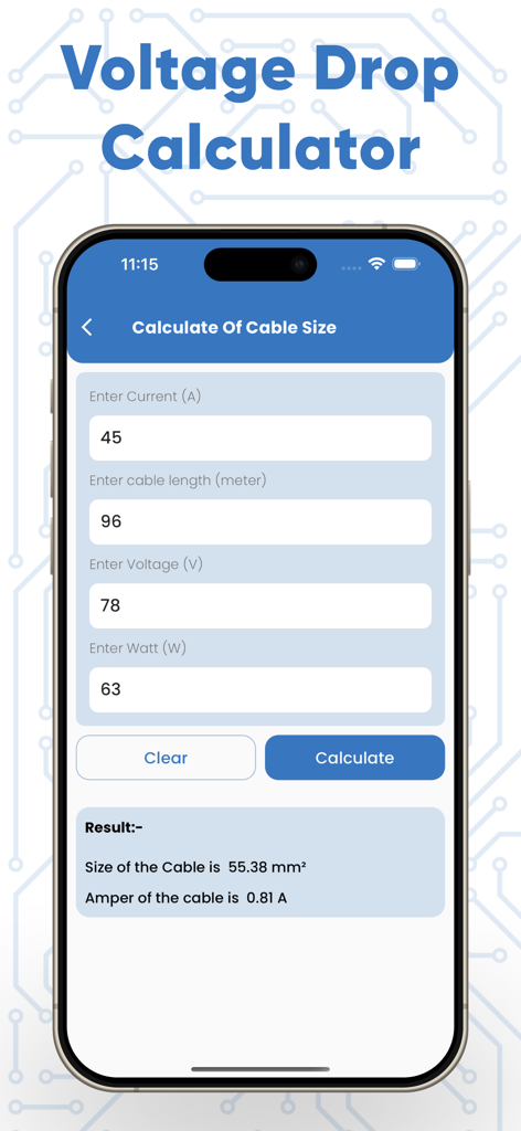 Voltage Drop Calculator app interface showing cable size and ampere results based on electrical input