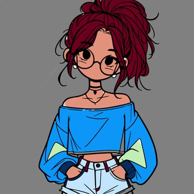 girl with a messy ponytail glasses a baggy crop top and jean shorts