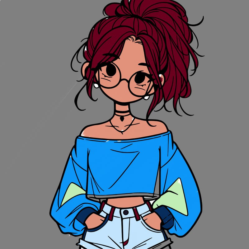 girl with a messy ponytail glasses a baggy crop top and jean shorts