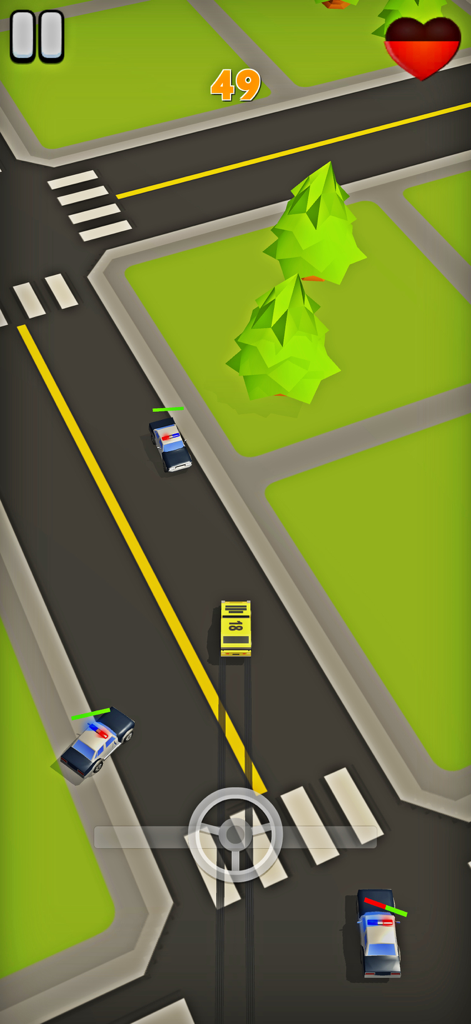 Fun Mini Games: No WiFi - Um carro amarelo desviando de veículos policiais no minijogo Police Escape
