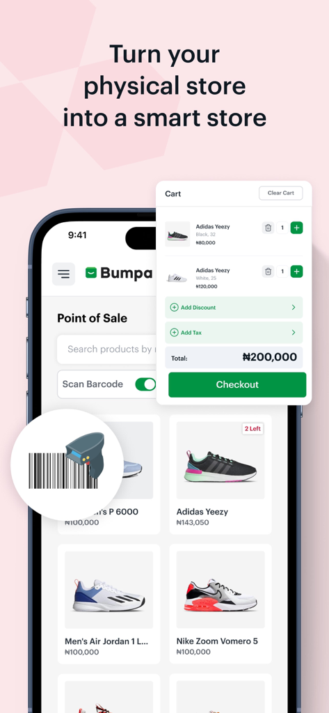 Bumpa - Manage Orders Easily - Point-of-Sale-Oberfläche in der Bumpa-App mit einem Warenkorb und einer Produktliste für ein Smart-Retail-Geschäft