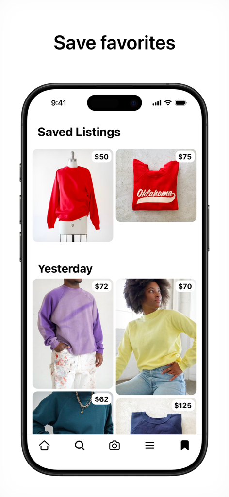 Gem - Search Vintage - A mobile app interface displaying a collection of saved vintage clothing items with their prices