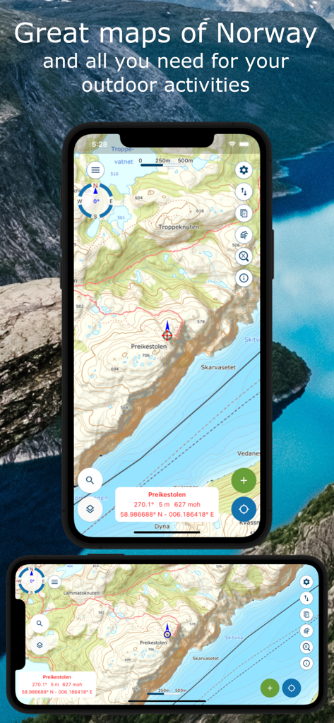 Norgeskart friluftsliv - Norgeskart friluftsliv app interface showing a detailed topographical map of Preikestolen for outdoor navigation