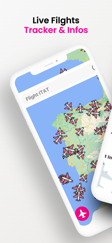 Flight Tracker Live Radar - マップ上に飛行機アイコンでライブ航空機追跡が表示されているモバイル画面