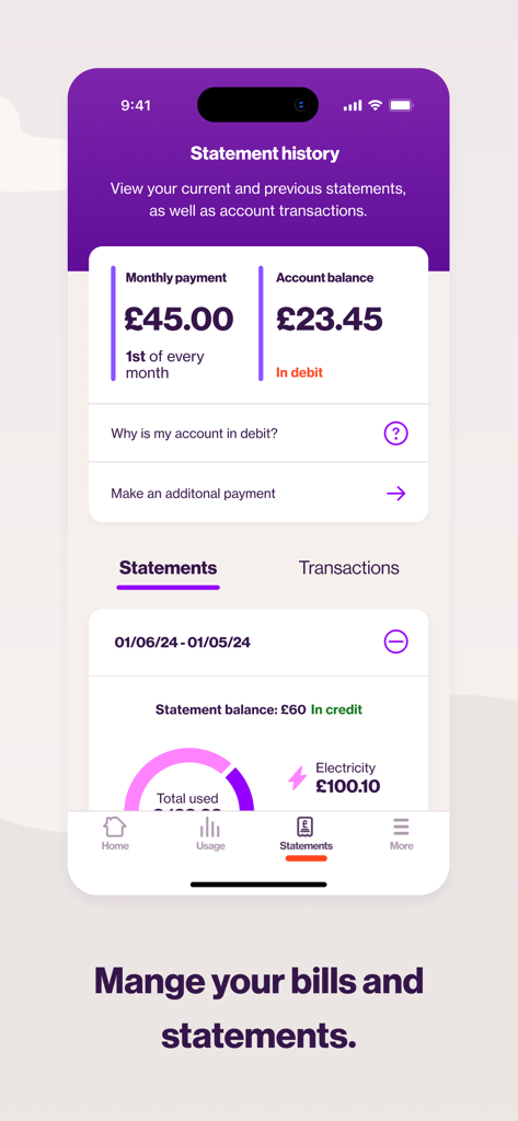 E.ON NEXT app screen displaying statement history and monthly account balance.