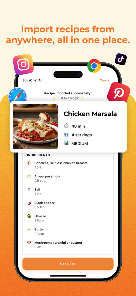 SousChefAI app interface showing a Chicken Marsala recipe imported from social media platforms like Instagram and Pinterest.