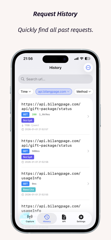 ApiCatcher - Capture HTTPS - The ApiCatcher app Request History screen showing a list of captured HTTP requests with status codes and timestamps.