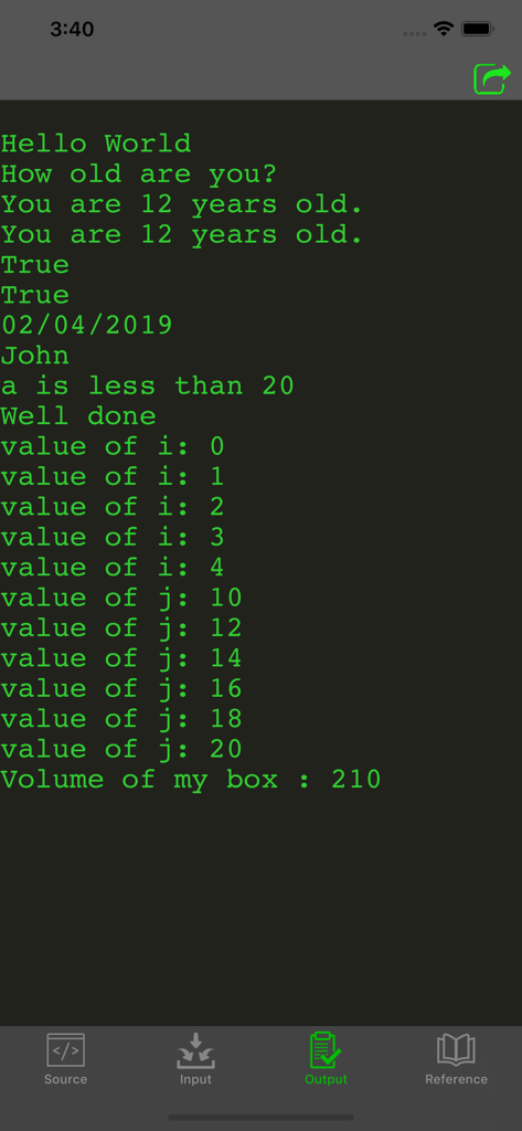 La schermata di output dell'app compilatore Visual Basic che mostra i risultati dell'esecuzione del codice.