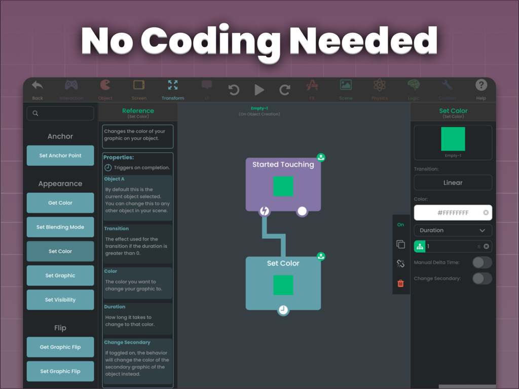 Visual logic block interface in hyperPad Starter app for creating games without coding on iPad.