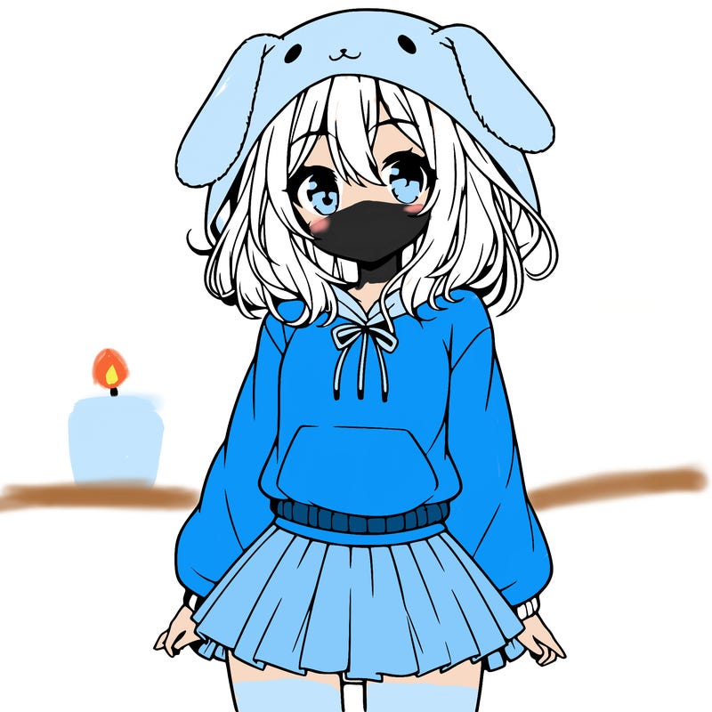 pretty anime girl wearing a fluffy hoodie with bunny ears on the hood and a skirt