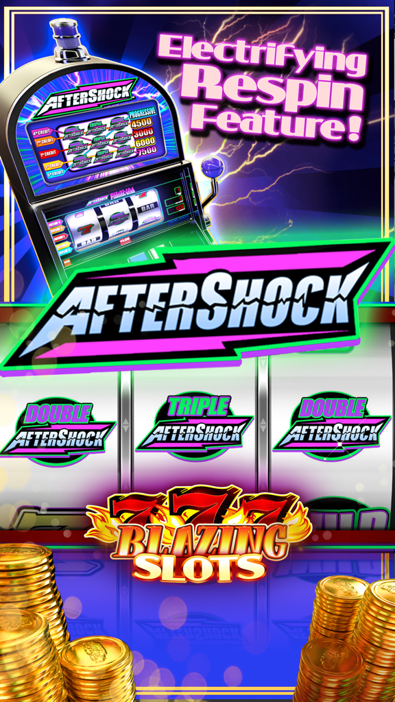 Aftershock slot machine feature in Blazing 7s Casino app showing classic reels and gold coins