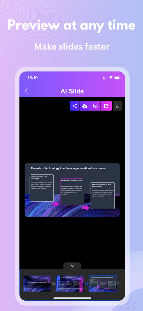 Smallppt App-Oberfläche, die eine Folienvorschau für eine KI-generierte Präsentation zeigt