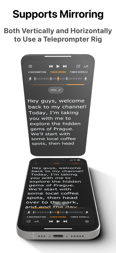 Professional teleprompter app with vertical and horizontal mirroring for hardware rigs