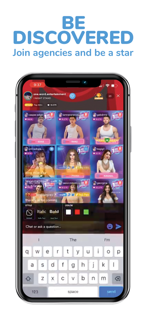 Kumu app screen showing a multi-host livestream with nine participants and a chat input box under the heading Be Discovered