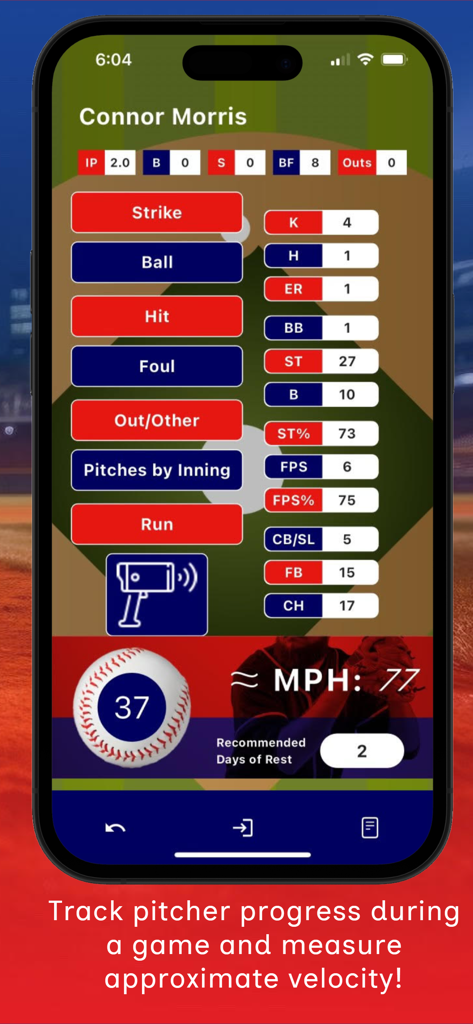 Tela do aplicativo de arremessos de baseball mostrando contagem de arremessos, velocidade e estatísticas de desempenho do jogador